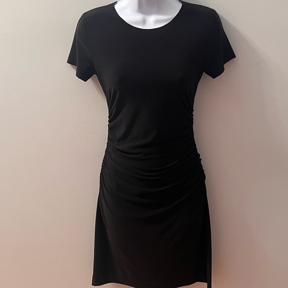Norma Kamali Black Short Sleeve Bodycon Ruched Dress XS